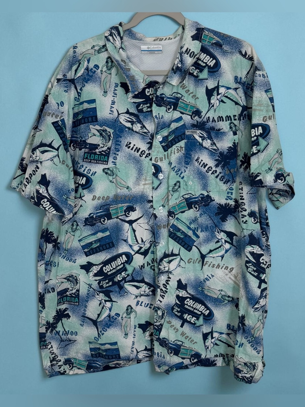 Columbia PFG Vented Florida Fishing Tackle Shop Hawiian Girl Marlin Shirt Sz XXL